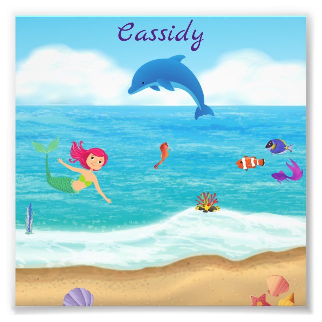 Fun in the Sun Mermaid Dolphin Beach Personalized Photo Print (Front)