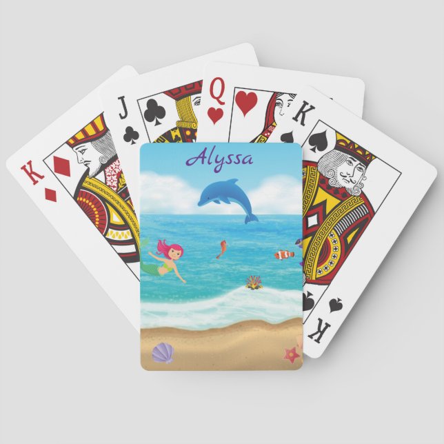 Fun in the Sun Mermaid Dolphin Beach Personalized Poker Cards (Back)