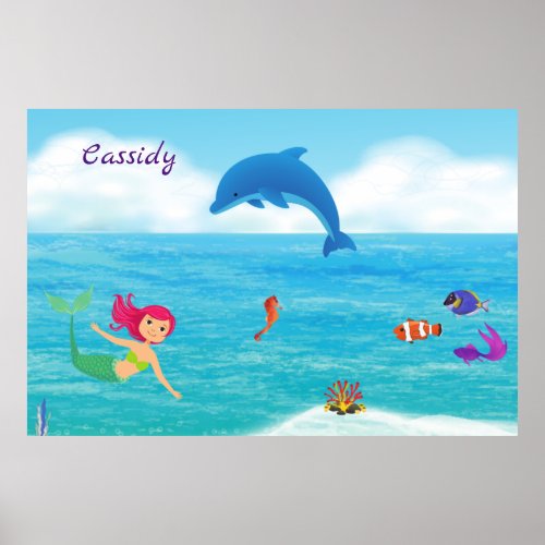 Fun in the Sun Mermaid Dolphin Beach Personalized Poster