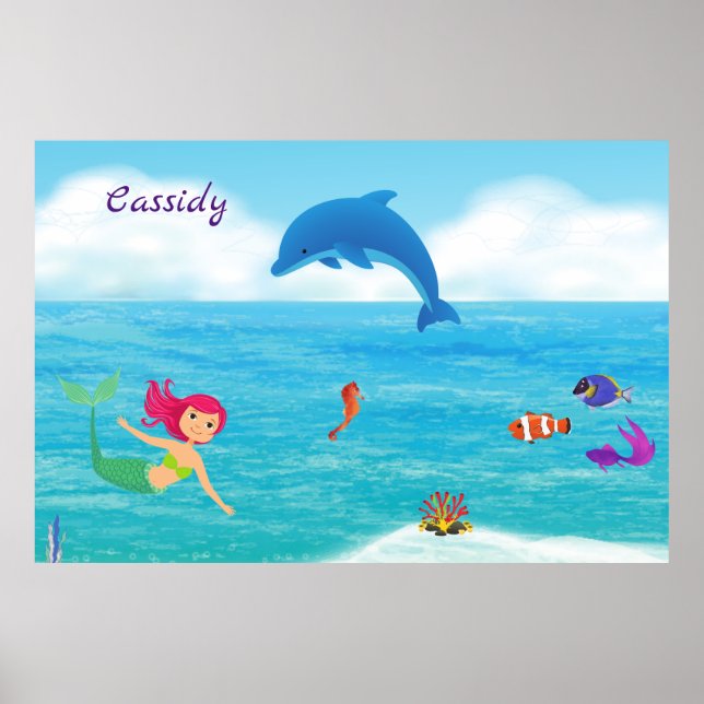 Fun in the Sun Mermaid Dolphin Beach Personalized Poster (Front)