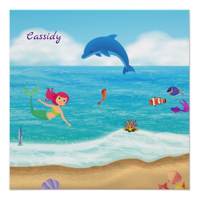 Fun in the Sun Mermaid Dolphin Beach Personalized Poster (Front)