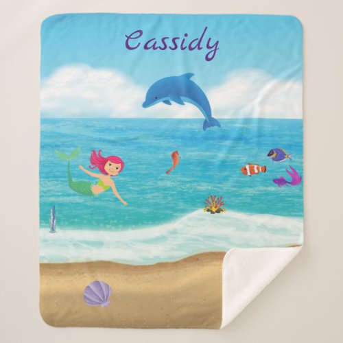 Fun in the Sun Mermaid Dolphin Beach Personalized Sherpa Blanket