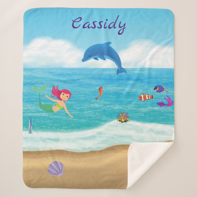 Fun in the Sun Mermaid Dolphin Beach Personalized Sherpa Blanket (Front)