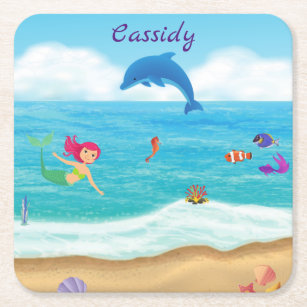 Fun in the Sun Mermaid Dolphin Beach Personalized Square Paper Coaster