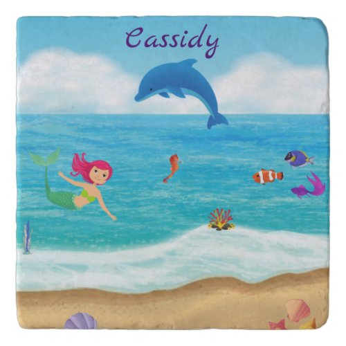 Fun in the Sun Mermaid Dolphin Beach Personalized Trivet