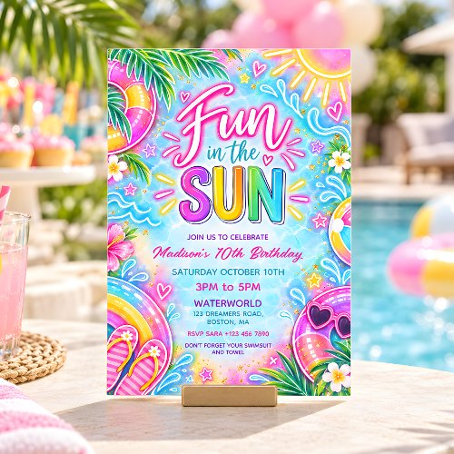 Fun in the Sun Neon Tropical Pool Party Birthday Invitation