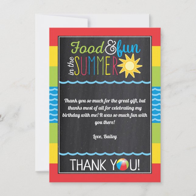 Fun in the Sun Pool Party Birthday Chalkboard Thank You Card (Front)