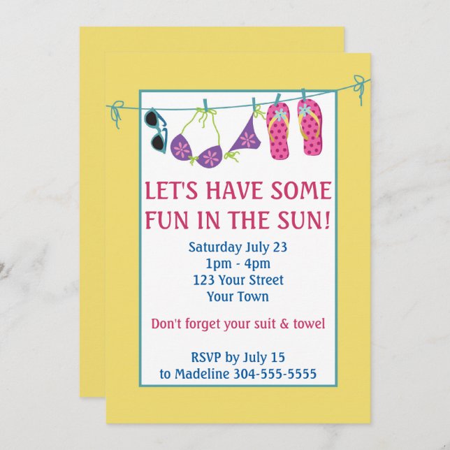 Fun In The Sun Pool Party Birthday Invitation (Front/Back)