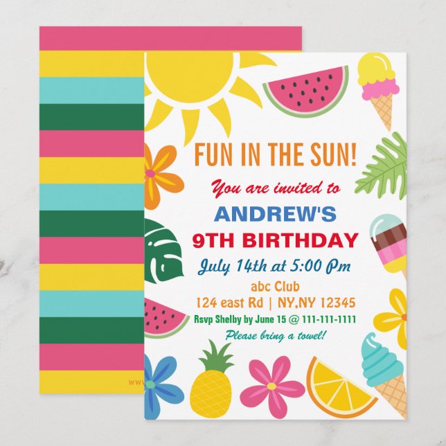 Fun in the Sun Summer Birthday Party Invitation (Front/Back)
