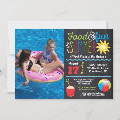 Fun in the Sun Summer Pool Party Chalkboard Photo Invitation