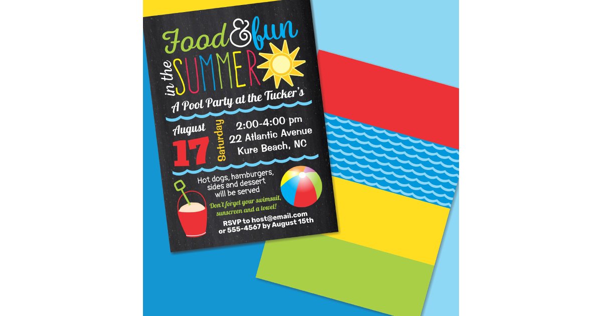Fun in the Sun Summer Pool Party Colors Chalkboard Invitation | Zazzle