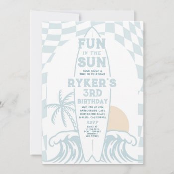 Fun In The Sun Surf Surfboard Birthday Party Invitation by PixelPerfectionParty at Zazzle