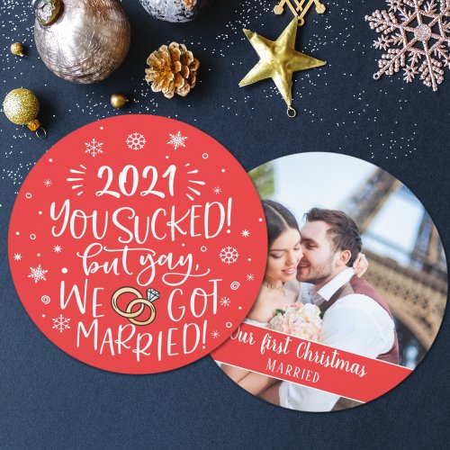 Fun ironic we got married elopement photo holiday card