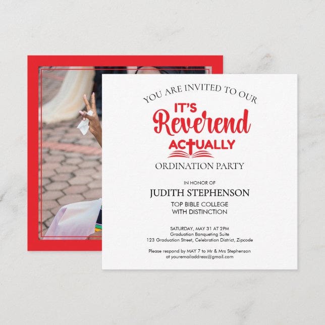 Fun IT'S REVEREND ACTUALLY Ordination Party Invitation (Front/Back)