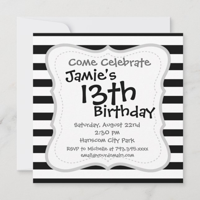 Fun Jailbird Black and White Striped Pattern Invitation (Front)