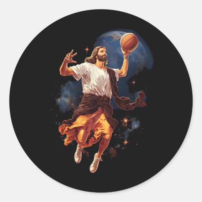 Fun Jesus Playing Basketball  Classic Round Sticker (Front)