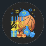 Fun Jewish Bysketbyll Byll Menorah Happy Hanukkah  Classic Round Sticker<br><div class="desc">Fun Jewish Bysketbyll Byll Menorah Happy Hanukkah Chanukah 1</div>