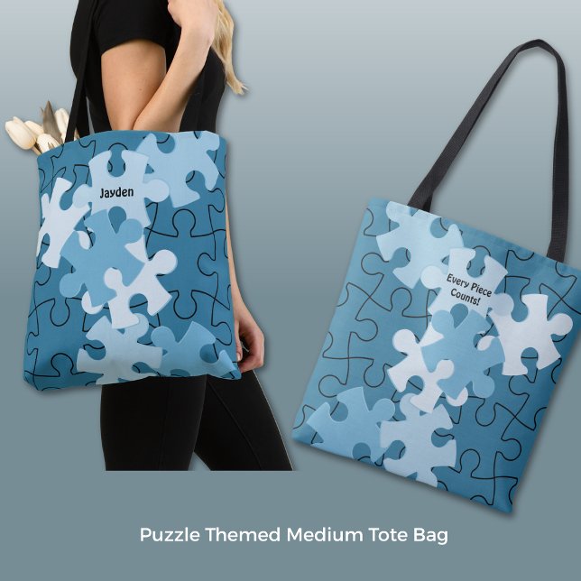 Fun Jigsaw Puzzle Custom Name & Motto Blue Tote Bag (Fun Jigsaw Puzzle Custom Name & Motto Blue Tote Bag)