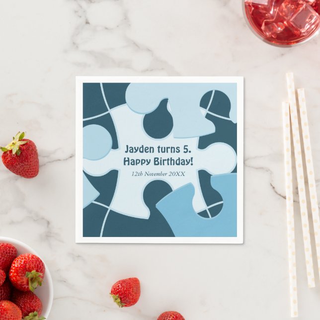 Fun Jigsaw Puzzle Kids Happy Birthday Name Blue Napkins (Insitu)