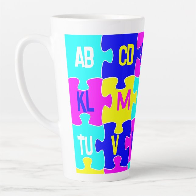 Fun Jigsaw Puzzle Pieces & Alphabet Letters Latte Mug (Left)