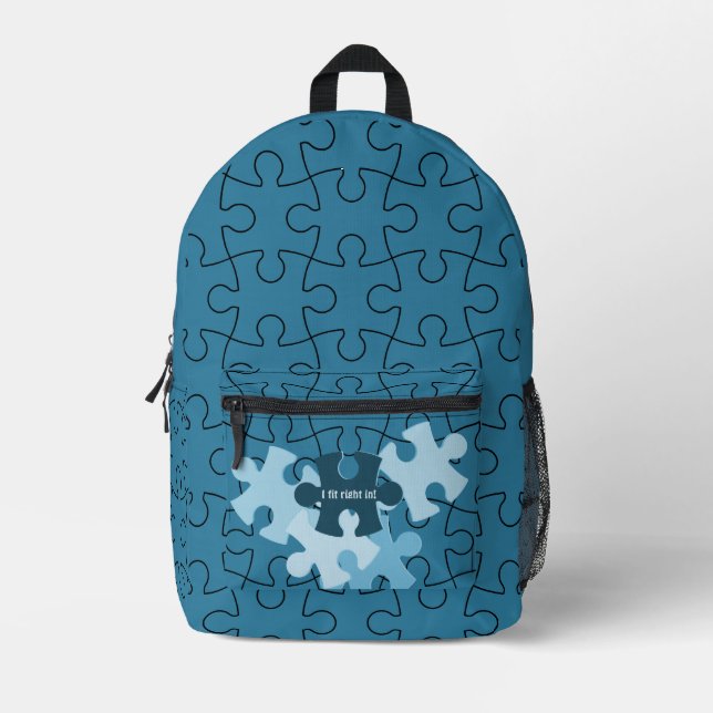 Fun Jigsaw Puzzle Pieces in Blue & Motto Printed Backpack (Front)