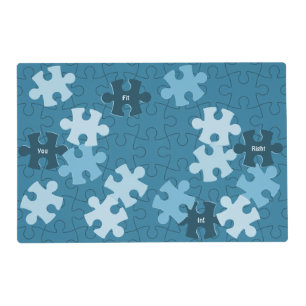 Fun Jigsaw Puzzle Pieces in Shades of Blue & Motto Placemat
