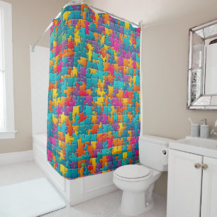 Fun, jigsaw puzzle shower curtain pinks, blues
