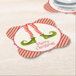 Fun Jolly Christmas Elf Legs Holiday Bracket Paper Coaster<br><div class="desc">Fun elf legs wearing red and ivory striped tights and green boots with jingle bells bracket cut paper coasters also feature and any wording in chic lettering. Available in several SHAPES already done for you PLUS MATCHING paper plates, napkins, wine labels, invitations, stickers, gift tags and more in our store....</div>