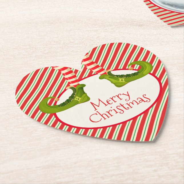 Fun Jolly Christmas Elf Legs Holiday Heart Paper Coaster (Angled)