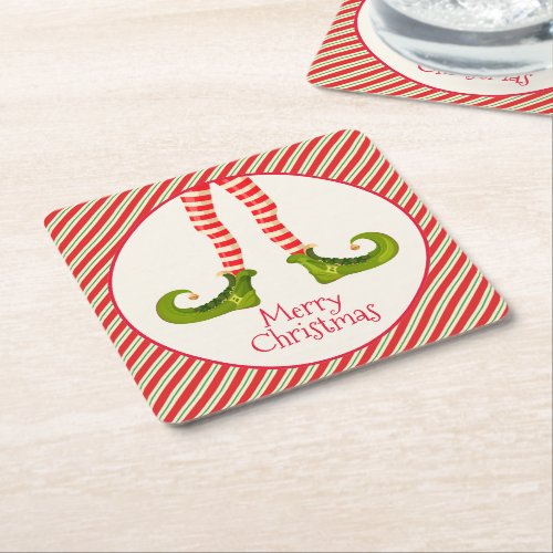 Fun Jolly Christmas Elf Legs on Stripes Holiday Square Paper Coaster