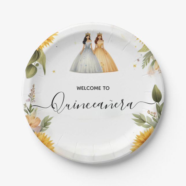 Fun Joy Lily Twin Dual Joint Double Quinceanera Paper Plates (Front)