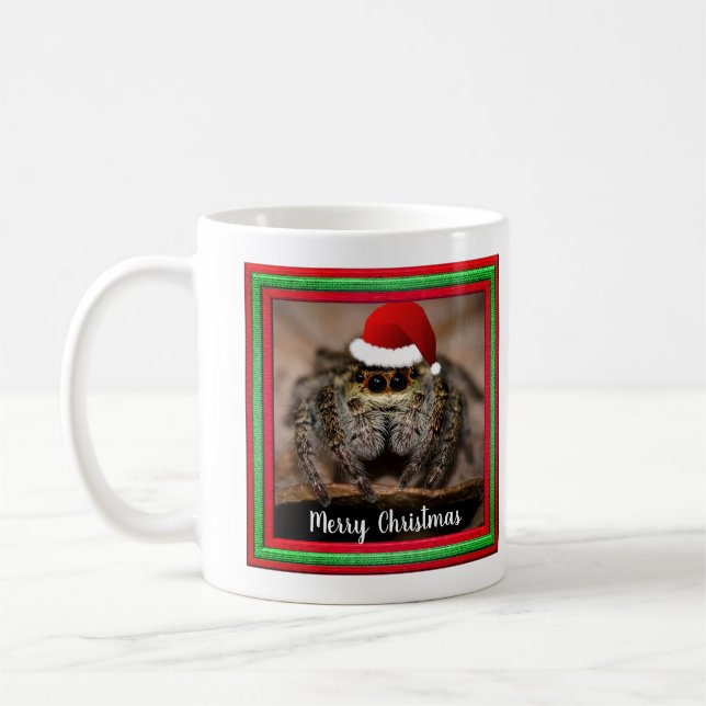 Fun Jumping Spider in Santa Hat Christmas Coffee Mug (Left)