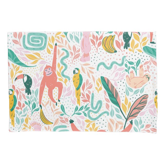 Fun Jungle happy animals and pink tropical leaves Pillow Case (Front)