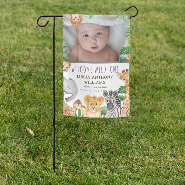 Fun Jungle Safari Animal Baby Birth Announcement   Garden Flag (In SItu)