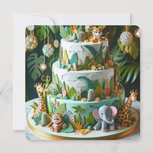 FUN JUNGLE THEMED KIDS BIRTHDAY LAYER CAKE CARD (Front)