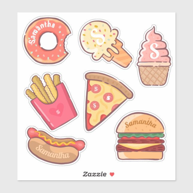 Fun Junk Food Cartoons Custom Name & Monogram Sticker (Sheet)