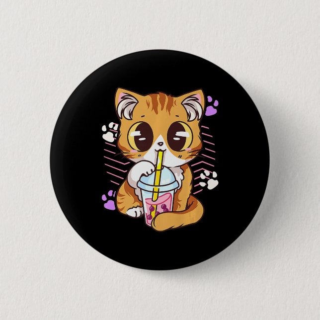 Fun Kawaii Cute Cat Boba Bubble Milk Tea Anime Nek Button (Front)