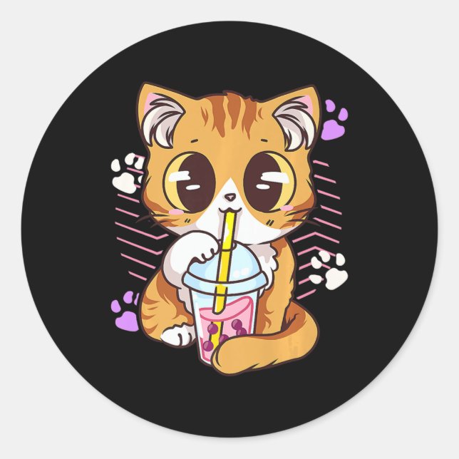 Fun Kawaii Cute Cat Boba Bubble Milk Tea Anime Nek Classic Round Sticker (Front)