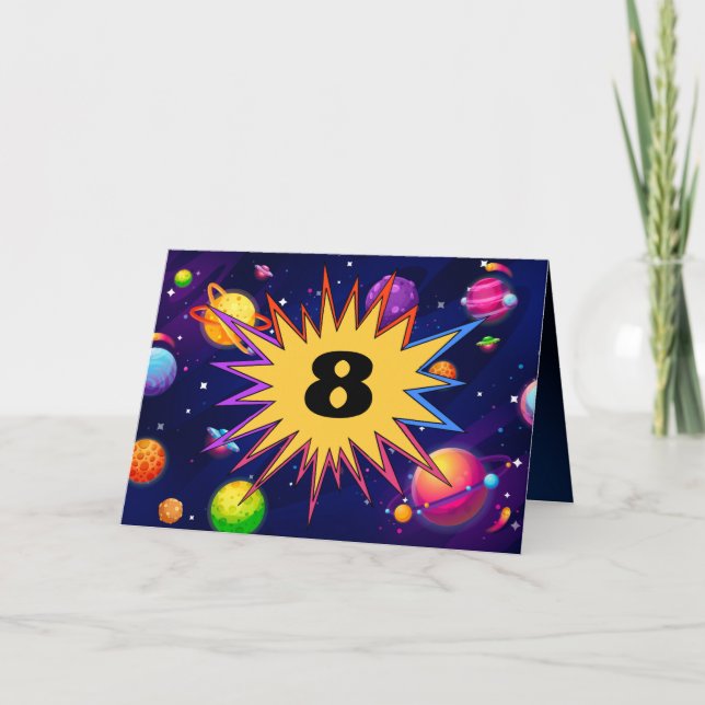 Fun Kids Add Name Planet Solar System 8th Birthday Card (Front)