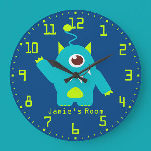Fun kids alien blue aqua and green wall clock