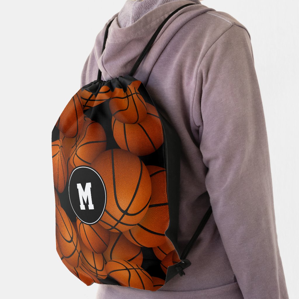 fun kids basketballs pattern monogrammed drawstring bag