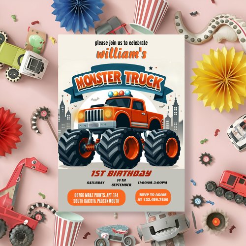 fun kids boy cars cool monster truck 1st birthday invitation