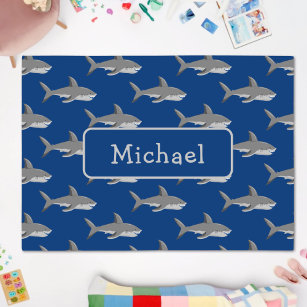 Fun Kids Boy Shark Pattern Blue Grey + Name Rug