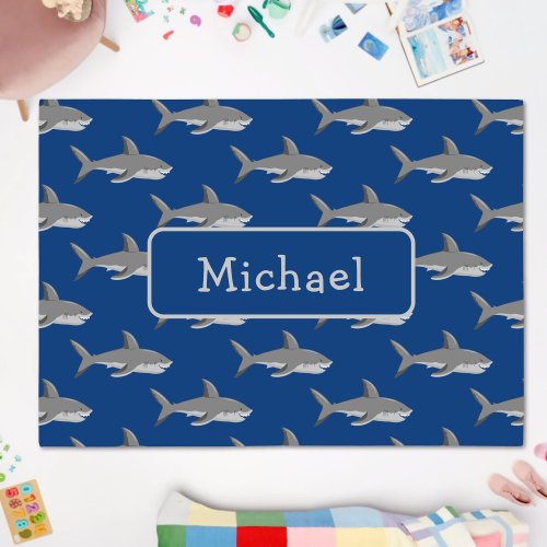 Fun Kids Boy Shark Pattern Blue Grey  Name Rug