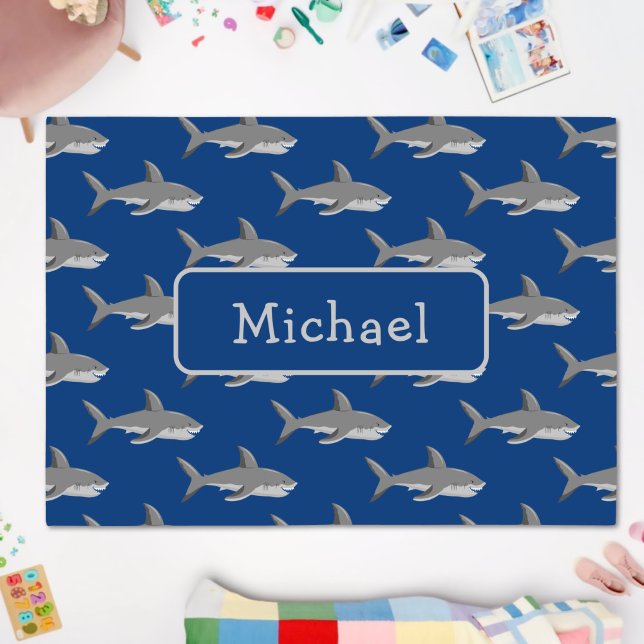 Fun Kids Boy Shark Pattern Blue Grey + Name Rug (Creator Uploaded)