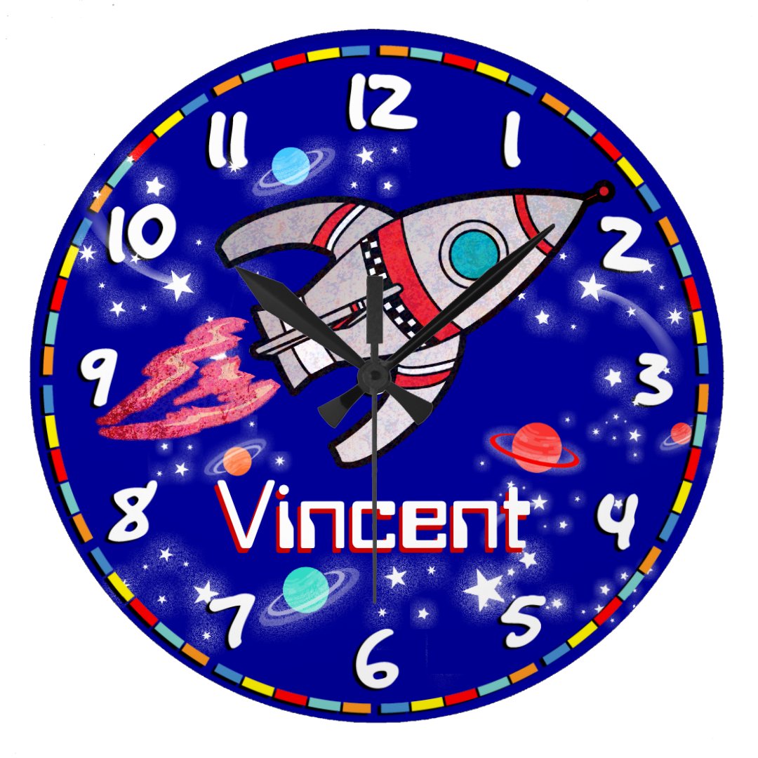 Fun kids boys rocket space blue wall clock Zazzle