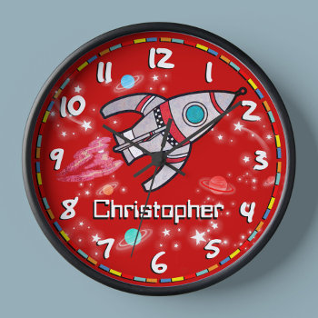 Fun Kids Boys Rocket Space Name Red Wall Clock by Mylittleeden at Zazzle