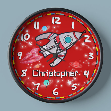 Fun Kids Boys Rocket Space Name Red Wall Clock