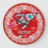 Fun kids boys rocket space red wall clock