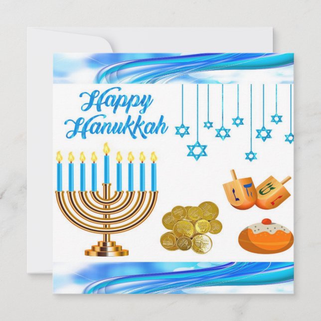 Fun kids Chanukah card coins dreidels menorah (Front)